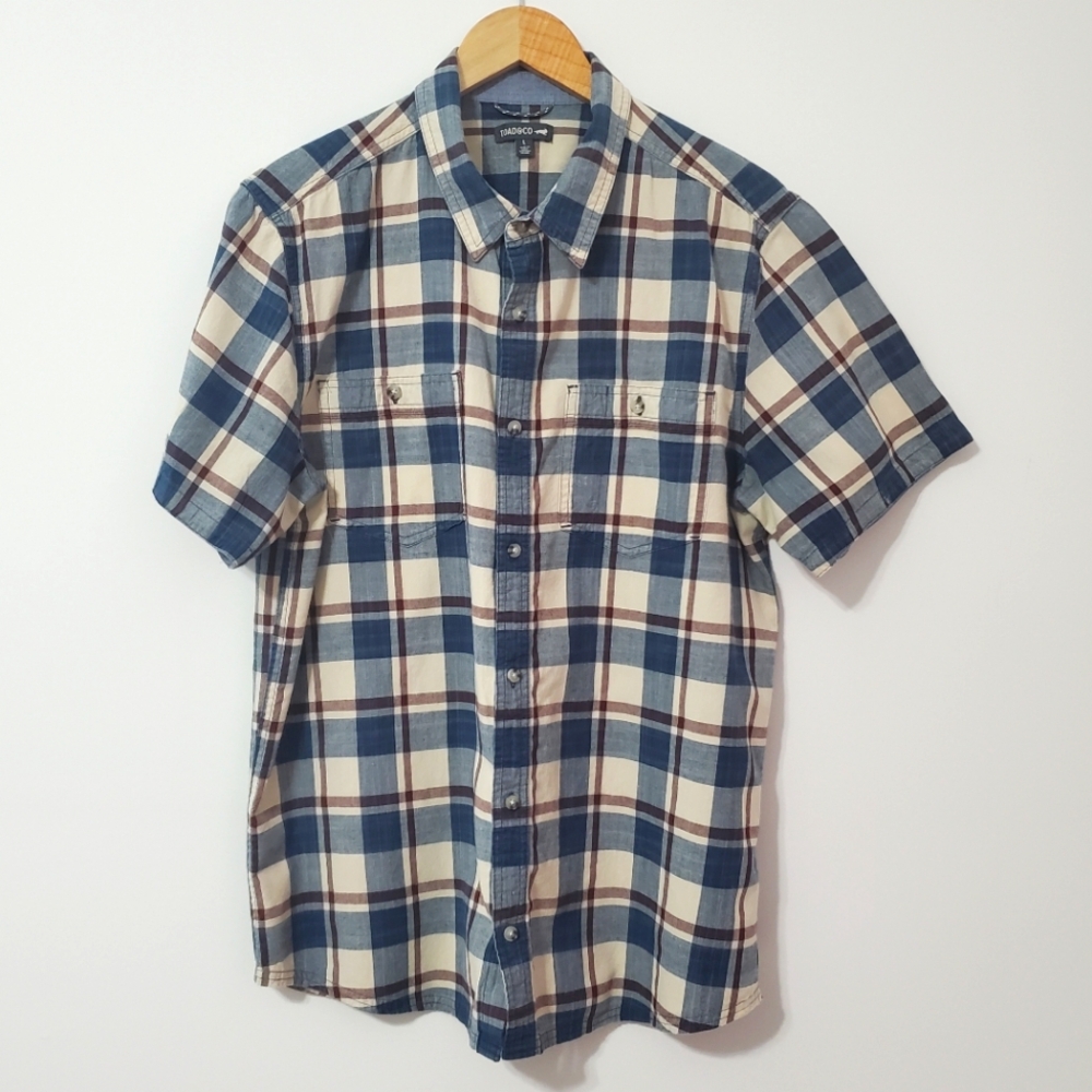 Toad&Co Organic Cotton Shoet Sleeve Plaid Button Down Shirt Mens Large - Picture 2 of 8